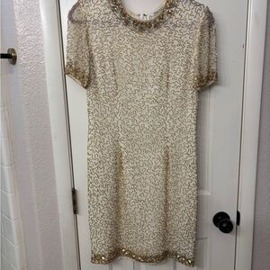 A.J. Bari Cream Beaded Mini Dress with Gold Accents